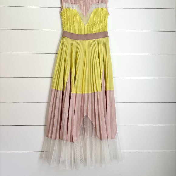 NWOT BCBG Maxazria Lucea yellow and tan with white sheer mesh dress - Picture 6 of 7